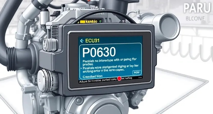 A detailed illustration of an engine control unit (ECU) with a diagnostic interface displaying a P0630 error code. The ECU should be realistically rendered, showing various components and connections. The diagnostic interface should clearly show the error code and related information. The background should be a clean, technical environment.