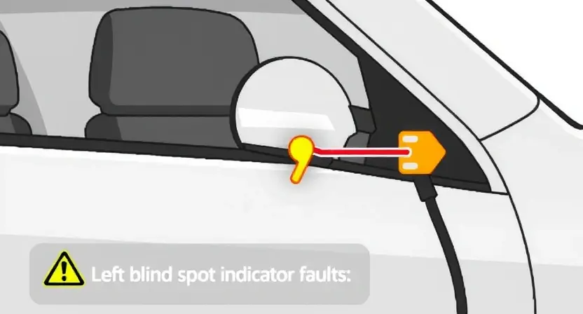 A detailed technical illustration of a vehicle's left blind spot indicator circuit fault, showing a broken wire or indicator light with a warning symbol, clean technical diagram style, no text or numbers on the image