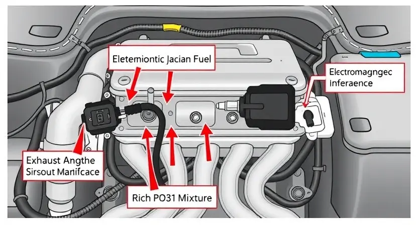 A detailed diagram illustrating the P0132 error code in a car engine. The diagram should show the oxygen sensor, the engine control unit (ECU), and the exhaust manifold, with arrows indicating the flow of exhaust gases and signals between the components. Highlight the rich fuel mixture and electromagnetic interference as potential causes of the error. Use a clean, technical illustration style.