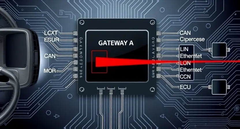 A detailed technical illustration of a vehicle's central gateway module (Gateway A) showing communication lines (CAN, LIN, Ethernet) connected to various ECUs, with one line highlighted in red to indicate loss of communication, set against a clean automotive engineering background with subtle circuit board patterns and diagnostic tool interface elements, no text or labels visible