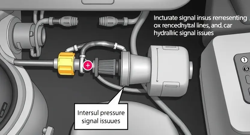 A detailed illustration of a car's hydraulic power steering system, highlighting the pressure sensor and its connection to the control unit. Include visual cues representing intermittent signal issues, such as flickering or distorted lines on a schematic.