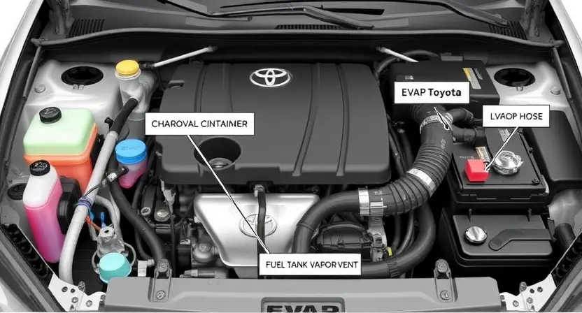A detailed illustration of a Toyota or Lexus vehicle's engine bay, highlighting the components related to the evaporative emissions control system (EVAP). Focus on the charcoal canister, fuel tank vapor vent, and associated hoses. The engine should be clean and well-maintained.