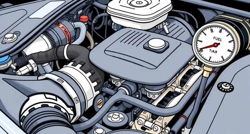 A detailed illustration of an engine bay with a focus on the fuel system. Show a fuel injector, fuel rail, and fuel pressure gauge. The engine should be partially visible, indicating a problem with the fuel mixture. The overall scene should convey a sense of technical detail and potential malfunction.