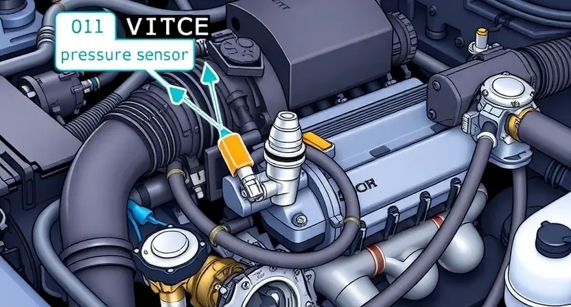 A detailed illustration of an engine bay with a focus on the oil pressure sensor and VTEC system components. The sensor should be clearly visible, connected to various hoses and wires. The engine should be depicted in a realistic, slightly angled view, showcasing the complexity of the system.