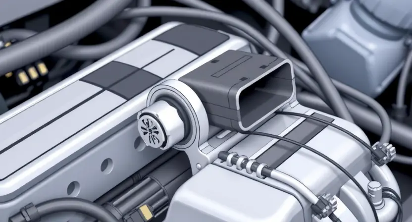 A close-up, detailed illustration of a car's engine bay, focusing on the Mass Airflow Sensor (MAF) and its wiring harness. The sensor should be clearly visible, with wires connected to it. The background should show other engine components, but the MAF sensor should be the central focus. The lighting should be bright and highlight the sensor's details.