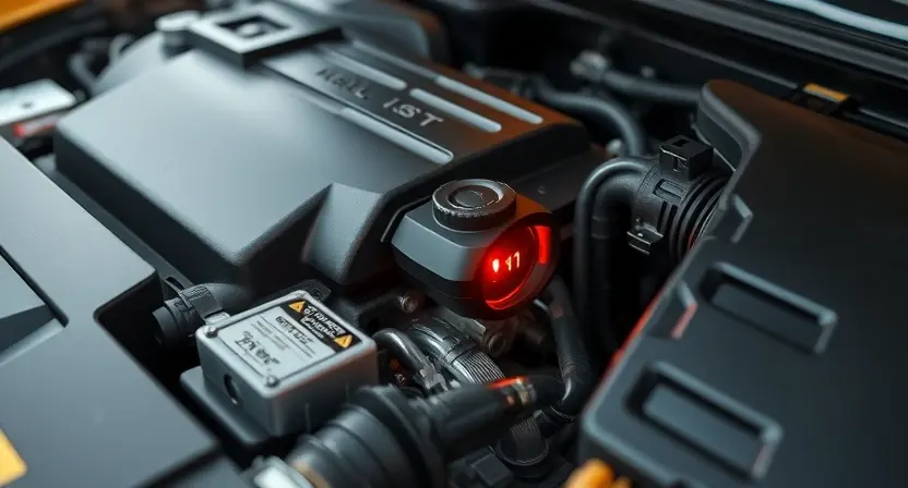 A detailed illustration of a car engine with a diagnostic error code light illuminated. Focus on the engine components, highlighting the error code indicator.