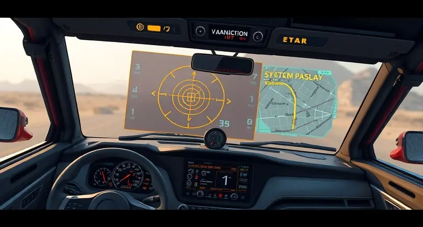 A detailed illustration of a heads-up display (HUD) system in a vehicle, showing the main components like the display screen, targeting reticle, system status indicators (e.g., power, signal strength), and potentially a map overlay. The HUD should be realistically rendered with a futuristic aesthetic.
