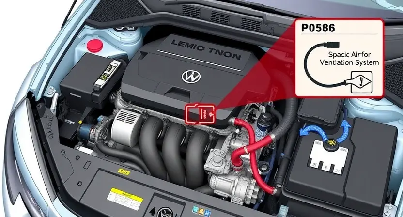 A detailed illustration of a car's engine bay, focusing on the ventilation system components. Include a diagram showing the airflow and connections related to the P0586 error code. The image should be visually clear and informative, highlighting the potential causes of the error.