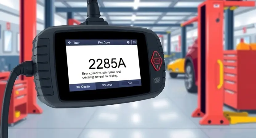 A detailed illustration of an automotive diagnostic scan tool displaying error code P285A. The background should be a clean, professional automotive workshop environment. Focus on the scan tool's screen showing the error code and related information.