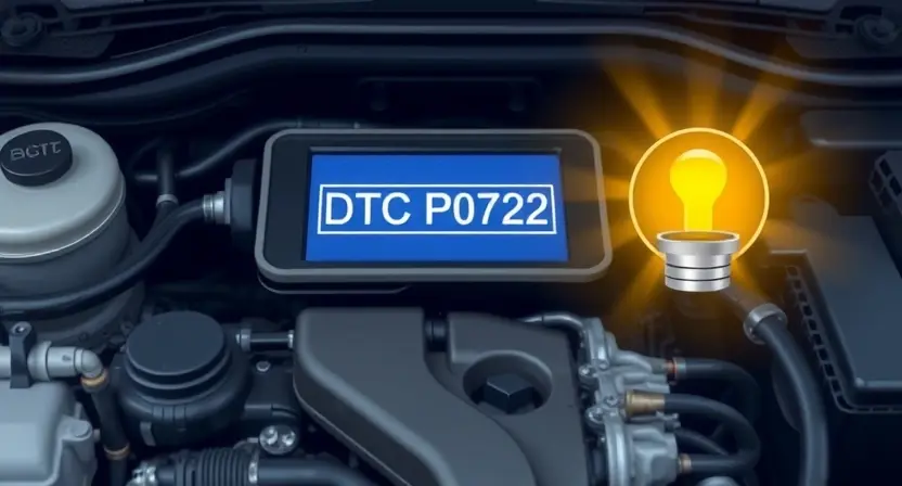 A detailed illustration of a car's engine bay with the check engine light illuminated. Focus on the diagnostic trouble code (DTC) P0722 displayed on a digital dashboard or screen. Include relevant car parts like the transmission and related sensors, but keep the background blurred to emphasize the code and the engine.