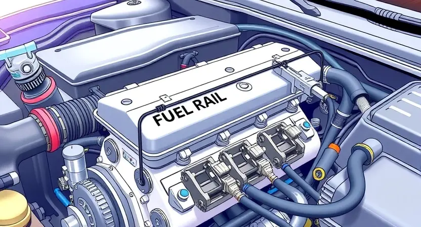 A detailed illustration of an automotive engine bay, focusing on the fuel rail and fuel pressure sensor. The engine should be partially visible, showcasing various components like hoses, wires, and sensors. The fuel rail should be clearly depicted with its connections. The overall lighting should be bright and realistic, highlighting the details of the engine components.