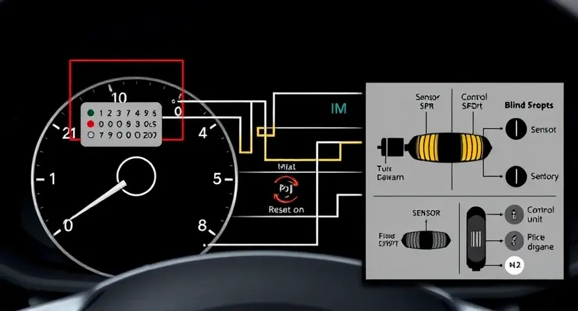A detailed schematic diagram of an automotive dashboard, highlighting the indicator circuit for blind spot detection on the left side. The diagram should show wiring, components (sensors, control unit, indicators), and connections. Focus on clarity and precision.