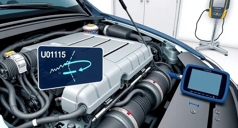 A detailed technical illustration showing a car engine with visible wiring harnesses and connectors, focusing on the communication link between the Engine Control Module (ECM) labeled 'B' and other vehicle systems, with subtle visual indicators of signal disruption such as flickering data lines or broken waveform patterns, set against a clean automotive workshop background with diagnostic tools nearby, emphasizing the concept of lost communication (U0115 error) in a professional, educational con