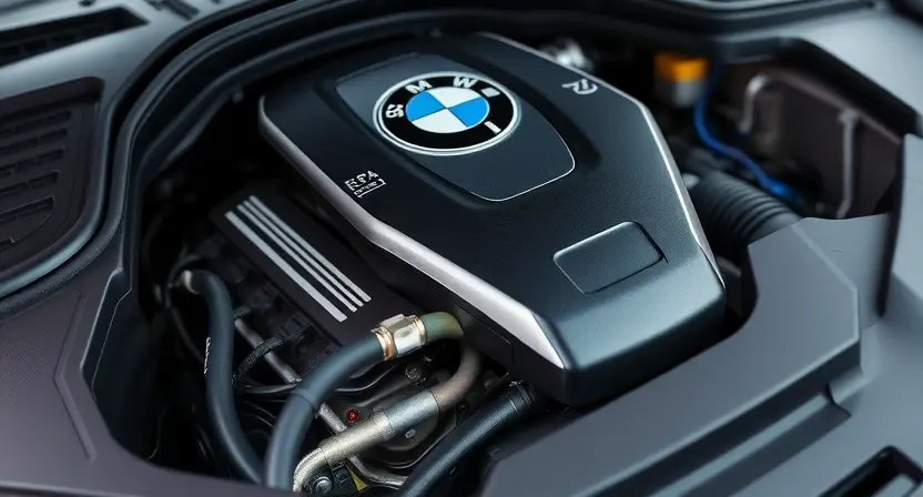 A close-up, detailed shot of a BMW engine bay. Focus on the engine control unit (ECU) and related wiring harnesses. The engine should appear clean and well-maintained. Subtle hints of diagnostic tools (like a scan tool displaying a generic error code icon) can be included in the background, but the primary focus remains on the ECU and wiring.