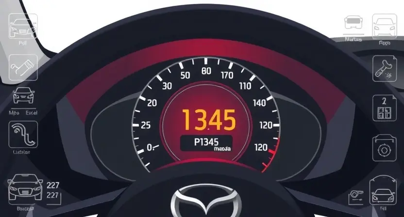 A high-quality technical illustration showing a car dashboard with a warning light indicating an engine error code P1345 on a Mazda vehicle, surrounded by subtle symbols of automotive diagnostics like error codes, circuit diagrams, and sensor icons, clean and professional visual style
