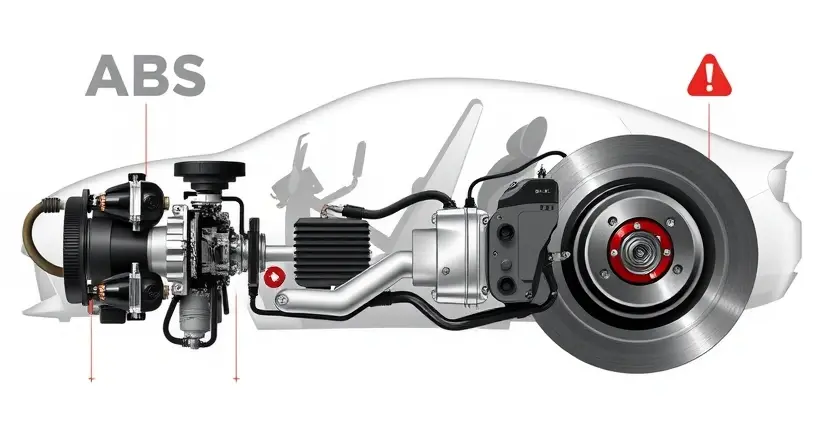 A high-quality technical illustration showing a modern car's anti-lock braking system (ABS) with visible components like sensors, hydraulic modules, and wiring harnesses, set against a clean white background with subtle technical diagrams and warning symbols like an amber ABS warning light on a dashboard, emphasizing precision and engineering details