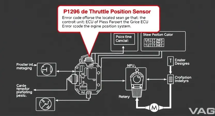 A detailed schematic diagram of a VAG (Volkswagen Audi Group) engine control unit (ECU) with a highlighted section indicating the P1296 error code related to the throttle position sensor. The diagram should show the sensor's location within the engine system and its connection to the ECU. Include visual cues representing data flow and potential points of failure. Focus on technical accuracy and clarity.
