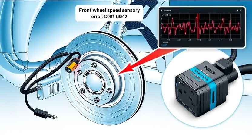 A detailed technical illustration of a vehicle's front wheel speed sensor showing high signal level error C0042, with the sensor mounted near the brake rotor, wiring harness connected to ECU, and visual indicators like oscilloscope waveforms displaying abnormal high voltage spikes, all in a clean automotive diagnostic setting with soft blue ambient lighting and magnified inset of the sensor's internal components
