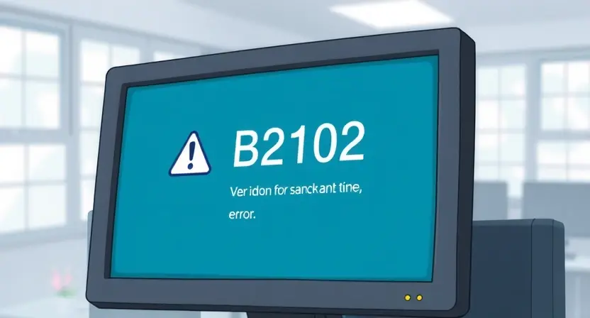 A detailed illustration depicting a computer screen displaying an error message "B2102". The screen should show a technical error notification with relevant icons and text. The background should be a blurred office environment, suggesting a computer workstation.