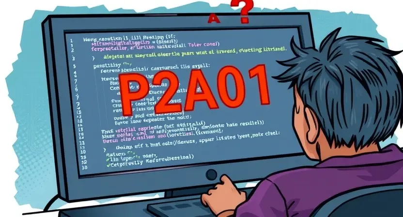 A detailed illustration depicting a computer screen displaying an error message "P2A01". The screen should show technical information related to the error, possibly with highlighted code snippets. Surrounding the screen, subtly illustrate a frustrated person looking at the screen, conveying a sense of technical difficulty.
