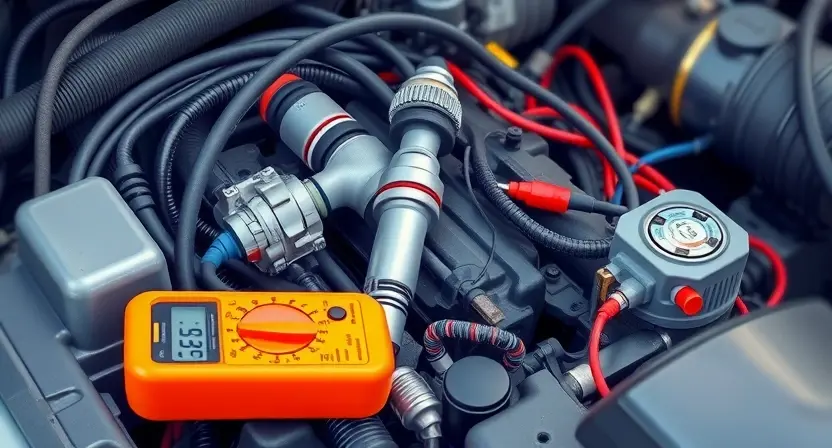 A detailed illustration of an engine bay with a focus on the fuel injector and wiring harness. The image should depict a close-up of a fuel injector, highlighting its components and connections. Surrounding the injector, show the wiring harness and connectors, emphasizing the importance of proper electrical connections. Include diagnostic tools like a multimeter near the injector to symbolize the check for resistance and integrity. The background should be slightly blurred to keep the focus on t