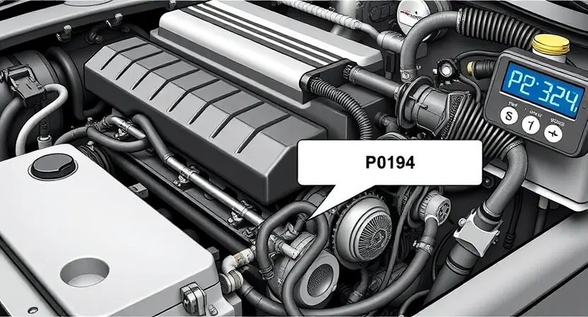 A detailed illustration of a car engine with a diagnostic error code P0194 highlighted. The engine should be realistically rendered, showing various components like the intake manifold, fuel rail, and sensors. The error code should be clearly displayed on a digital display near the engine.