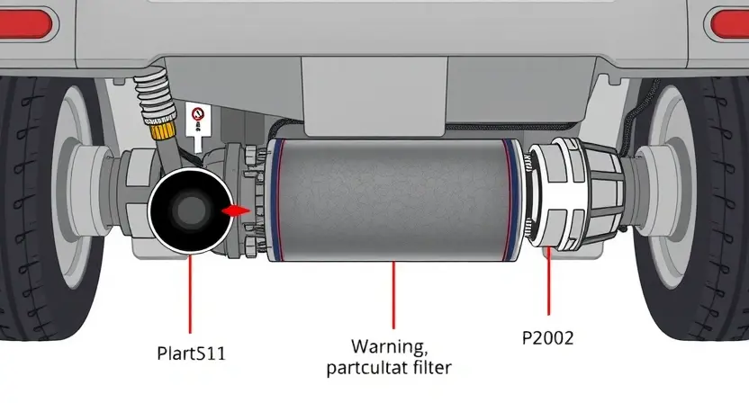 A high-quality technical illustration of a diesel vehicle's exhaust system showing a clogged diesel particulate filter (DPF) with visible soot buildup and warning symbols indicating a P2002 error code, rendered in a clean technical diagram style with labeled components and schematic details