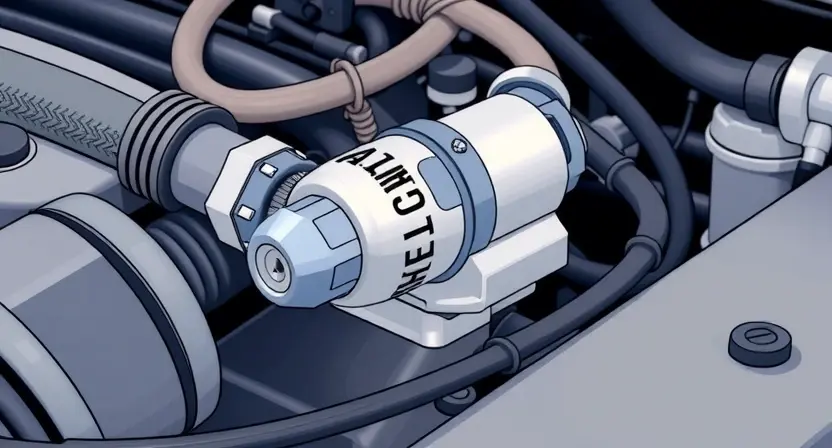 A close-up, detailed illustration of an automotive engine bay, specifically highlighting the oxygen sensor (Bank 1, Sensor 1). The sensor should be clearly visible, with surrounding engine components subtly in focus. Wires and hoses should be present but not overly distracting. The overall lighting should be bright and clean, emphasizing the sensor's details. Focus on the sensor's physical appearance and its connection points.