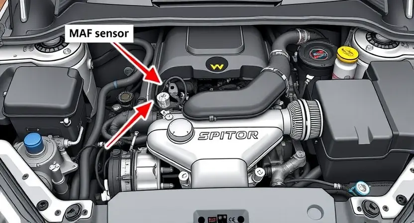 A detailed illustration of a car engine bay with a focus on the mass airflow sensor (MAF sensor). The MAF sensor should be clearly visible, with arrows pointing to its location and surrounding components like the intake manifold and air filter. The engine bay should be clean and well-lit, showcasing the complexity of the system. Emphasis on the sensor's connection points and wiring. The overall image should convey a sense of technical precision and clarity.
