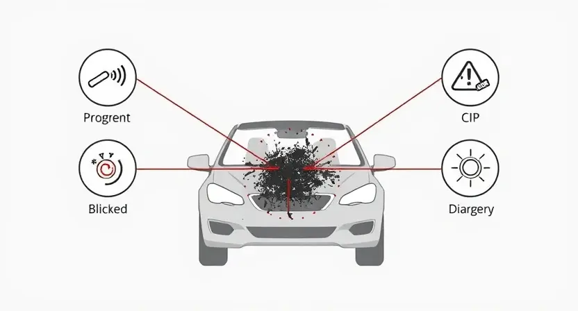 A high-quality technical illustration showing a car's blind spot sensor partially blocked by debris or dirt, with diagnostic icons and warning symbols around it, clean lines, technical diagram style, neutral background