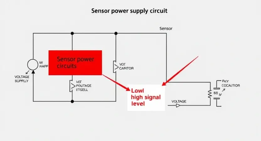 A schematic diagram illustrating a sensor power supply circuit with a highlighted area indicating a high signal level. The diagram should include components like voltage regulators, capacitors, and the sensor itself. The visual should emphasize the potential cause of the P2671 error.
