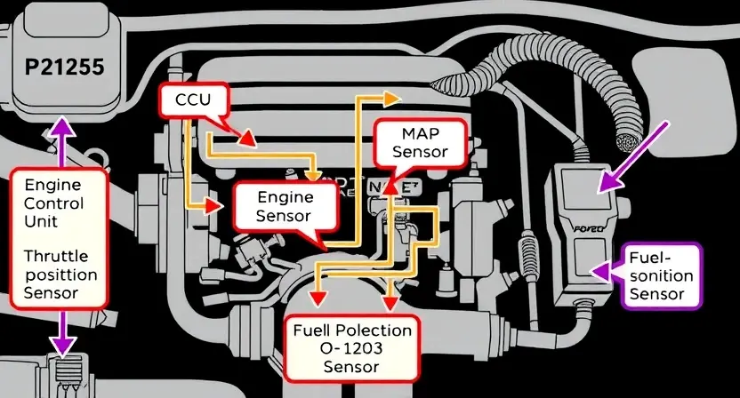 A detailed diagram illustrating the P2125 error code in a car engine. The diagram should show the relevant sensors (e.g., MAP sensor, throttle position sensor), the engine control unit (ECU), and the fuel system components. Arrows should indicate the flow of data and potential points of failure. Focus on a clean, technical illustration style.