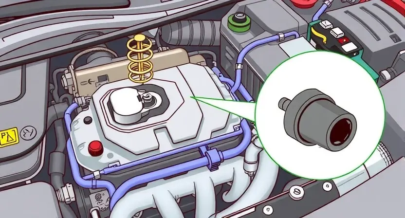 A detailed illustration of a car engine cooling system, highlighting the thermostat and coolant temperature sensor. The image should show the engine block, radiator, hoses, and coolant flow path. The thermostat should be in the closed position, indicating that the coolant is not yet at the optimal operating temperature. The coolant temperature sensor should be prominently displayed, with a focus on its connection to the engine control unit (ECU). The overall scene should convey the concept of in