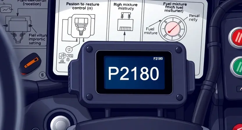 A detailed illustration of a car's engine control unit (ECU) displaying a diagnostic code P2180. The ECU should be surrounded by technical diagrams and schematics related to fuel mixture control. Focus on the visual representation of a rich fuel mixture, perhaps with subtle color gradients indicating fuel density.