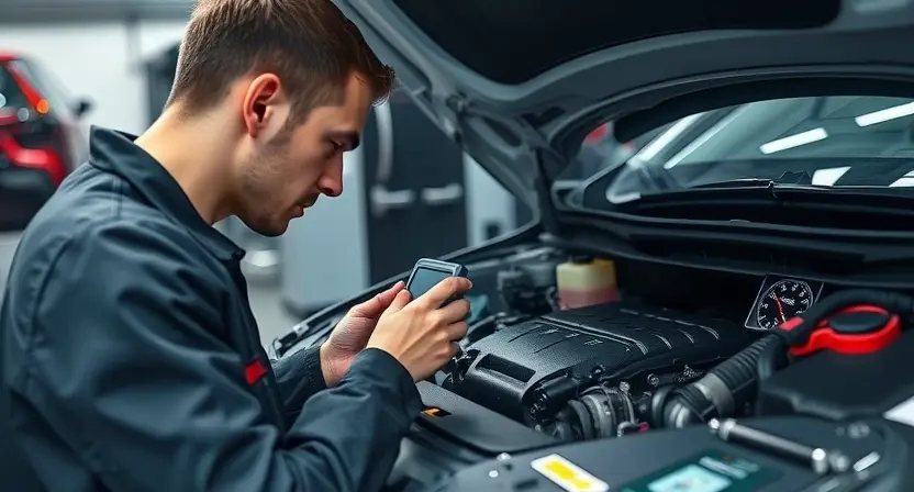 A modern automotive workshop scene showing a mechanic using a diagnostic scanner on a car engine, with glowing diagnostic lights and visual cues of sensor issues, focusing on the technical atmosphere without any textual elements