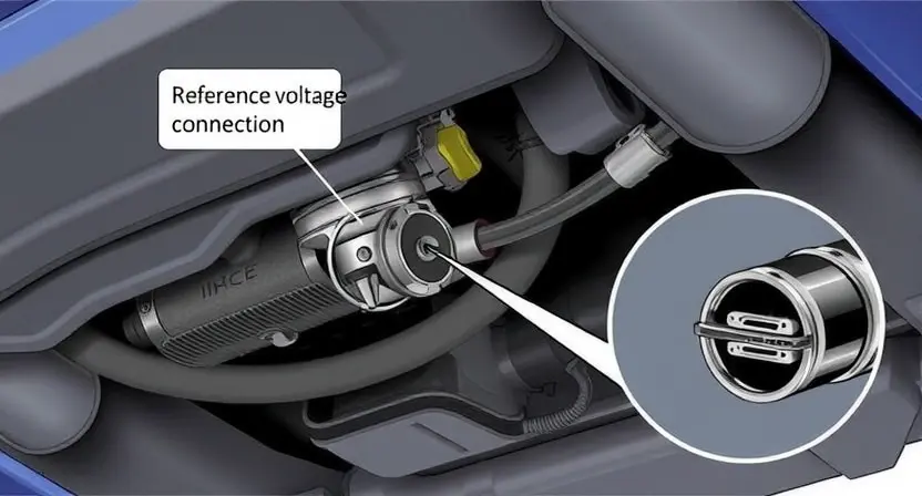 A detailed illustration of a car's oxygen sensor with a visible broken circuit, highlighting the reference voltage connection. The image should show the sensor's location in the exhaust system, with a focus on the damaged wiring. Include a close-up of the broken wire and the sensor's connector.