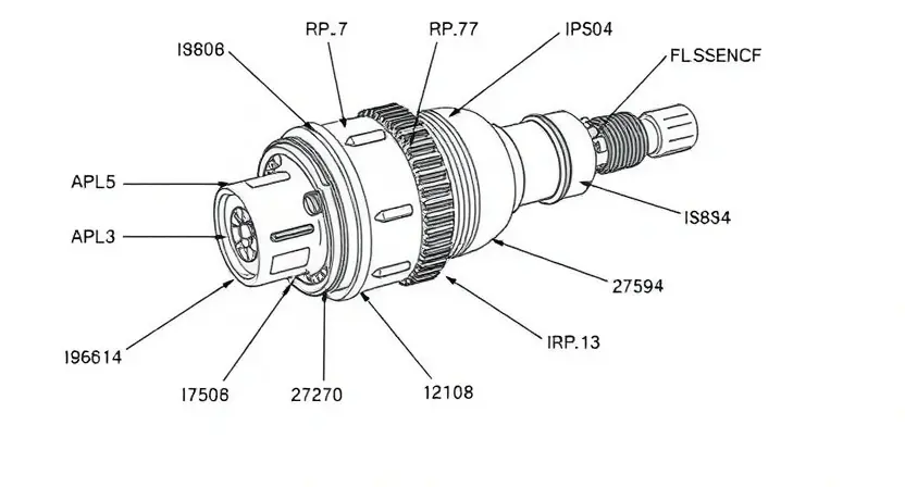 A detailed illustration of a transmission sensor, highlighting its components and connections. The sensor should be depicted in a technical drawing style, with clear labels for each part. The background should be a clean, white space.