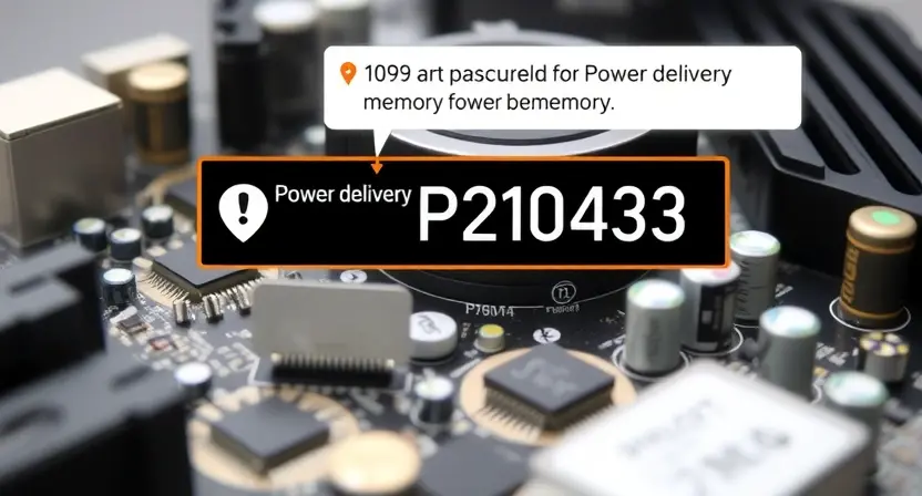 A close-up, detailed illustration of a computer motherboard with a highlighted error code P2043. Focus on the components related to power delivery and memory. The background should be blurred, emphasizing the motherboard.