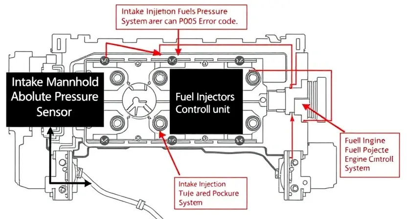 A detailed diagram of an engine's fuel injection system, highlighting the P0205 error code and its associated components (intake manifold absolute pressure sensor, fuel injectors, and engine control unit). The diagram should be clear, well-labeled, and visually represent the circuit connections.