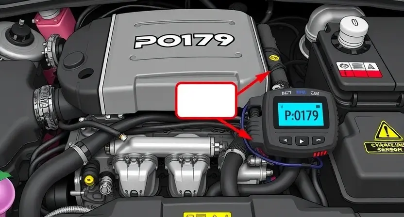 A detailed illustration of a car's engine bay with a diagnostic code reader displaying 'P0179'. Focus on the engine components, wiring, and the code reader. Include visual cues representing potential causes like a vacuum leak or faulty oxygen sensor.