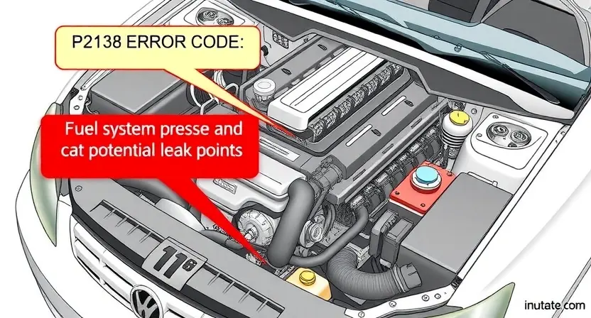 A detailed diagram illustrating a car engine with a highlighted P2138 error code indicator. Focus on the engine components related to fuel system pressure and potential leak points. Use clear, technical illustrations to depict the system.