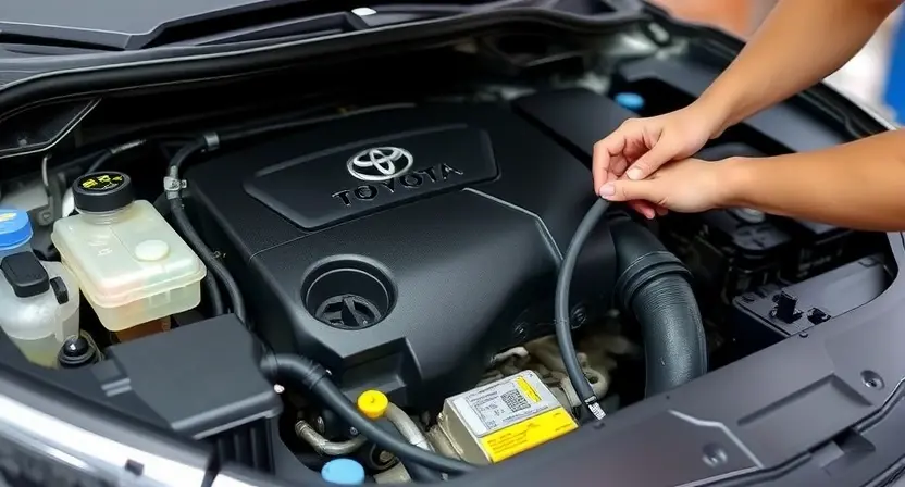 A close-up shot of a Toyota engine bay with a mechanic inspecting it. Focus on the engine control unit (ECU) and related sensors. The engine should appear clean and well-maintained.