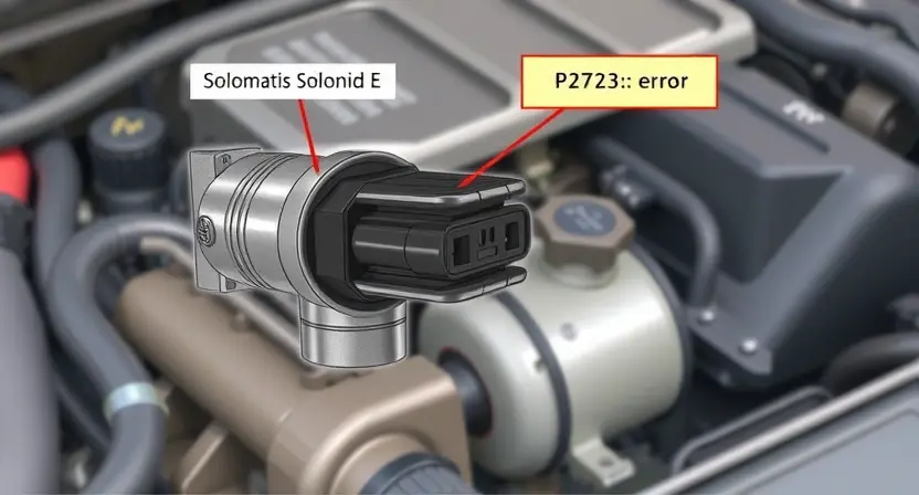 A detailed illustration of a car's automatic transmission solenoid (E) with a visual representation of the P2723 error code. The solenoid should be clearly labeled, and the error code displayed near it. The background should be a slightly blurred view of a car engine compartment.