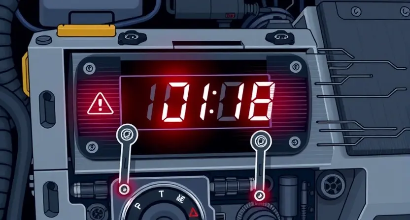 A detailed illustration of an engine control unit (ECU) with a visual representation of an internal timer malfunction. Focus on the internal components and circuitry, highlighting a potential error or disruption within the timer mechanism. Include subtle visual cues suggesting a system failure, such as flickering lights or distorted data streams.