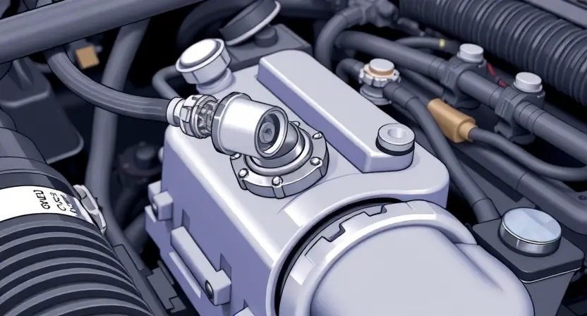 A close-up, detailed illustration of an engine bay with a focus on the coolant temperature sensor. The sensor should be clearly visible, along with surrounding hoses and engine components. The overall scene should convey a sense of automotive mechanics and diagnostics. The color palette should be realistic, reflecting the metallic and rubber textures of the engine components. The lighting should be bright and even, highlighting the details of the sensor and its connections.