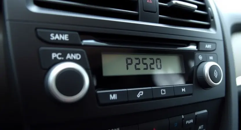 A close-up, detailed image of an automotive air conditioning system's control panel, highlighting the display showing "P2520" error code. Focus on the digital display and surrounding buttons/indicators. The background should be slightly blurred, suggesting a car interior.