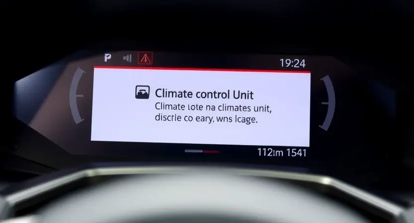 A close-up, detailed image of a car's dashboard, specifically focusing on the climate control system display. The display should show a warning message related to the climate control unit, but without any specific error code or text that could be read. The overall aesthetic should be clean and modern, highlighting the dashboard's design.