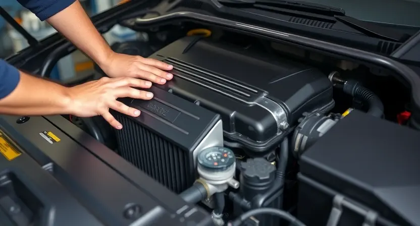 A close-up of a car engine bay with a mechanic inspecting the engine. Focus on the air intake system and related components. The engine should appear clean and well-maintained.