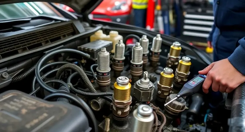 A detailed view of a car engine with visible spark plugs and ignition system components. The engine should show signs of wear and tear, with a focus on the area where the P2336 error code is related. The image should depict a mechanic or technician inspecting the engine, possibly using diagnostic tools. The setting should be a well-lit garage or workshop with various automotive tools and equipment in the background.