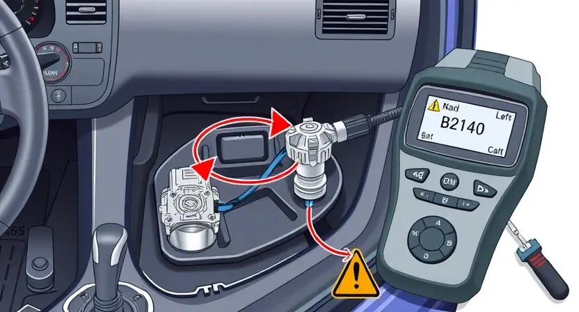 A detailed technical illustration of a car's glass breakage sensor circuit, showing wiring, sensor components, and a diagnostic tool displaying error code B2140, with subtle warning symbols and maintenance tools nearby, all in a clean, professional automotive engineering style
